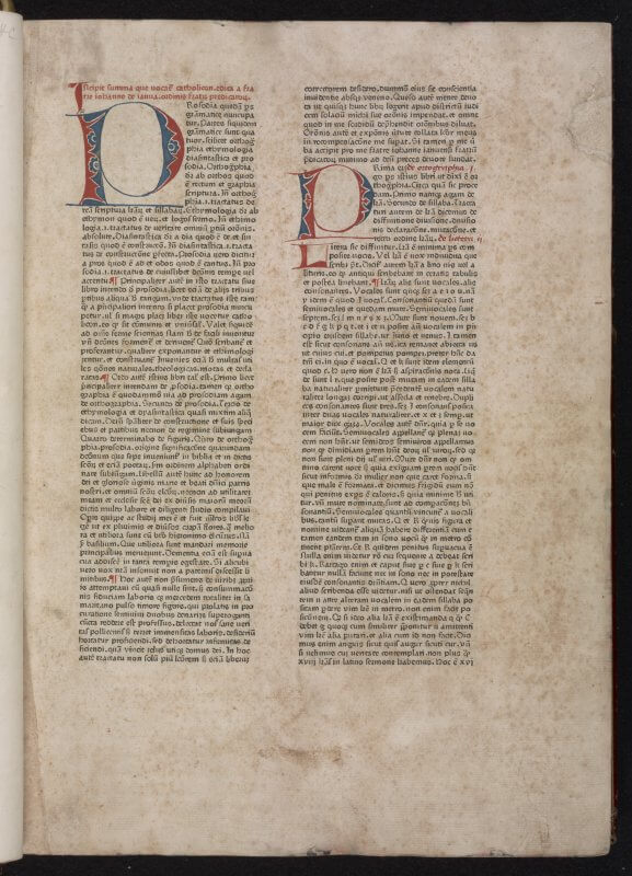 One of the first books to be printed, the 1460 Catholicon continues to be surrounded by uncertainty about exactly who made it and what processes were used. Although it was once assumed that Gutenberg printed the book, that is now doubted. And recent theory is that the book was not printed with individual pieces of movable type, but with cast two-line slugs of type, thus explaining the near exact later impressions printed in 1469 and 1472.