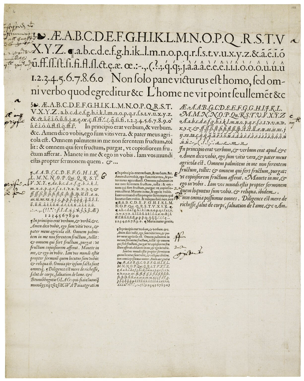 Specimen sheets are used by type-casters to show examples of the fonts they have for sale. This one shows work from François Guyot, a type-caster in Antwerp, and was used to sell his wares in England, as evidenced by the manuscript notes in English secretary hand. Careful sleuthing comparing these typefaces to those used in dated texts and to surviving records from the Plantin printing shop identified Guyot and the likely date of 1565. For more on those details, see this post from the Folger's