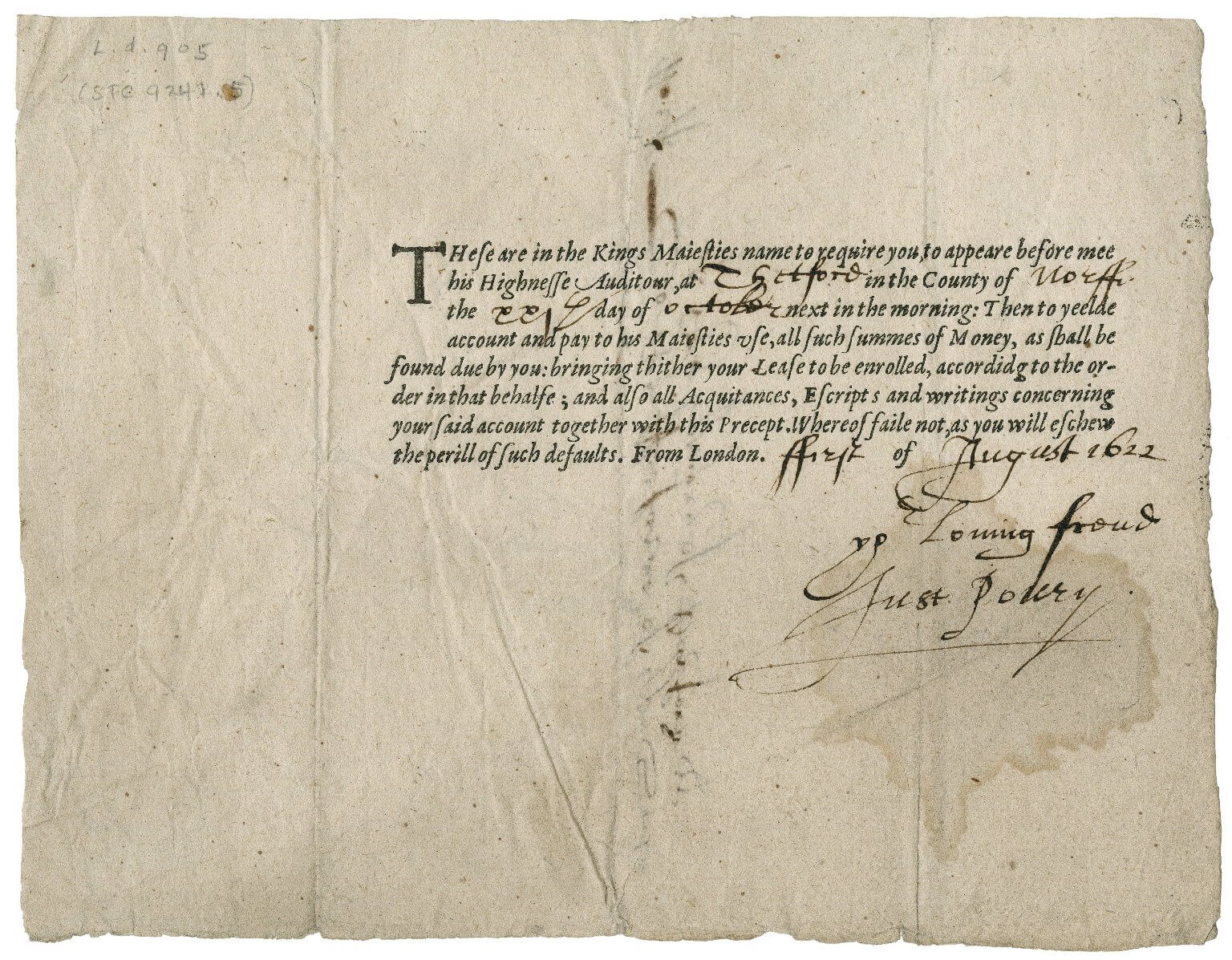 This summons to appear before the King's exchequer is a typical printed form---the parts that are the standard formula are printed, while the specifics of dates and places are filled in by hand.