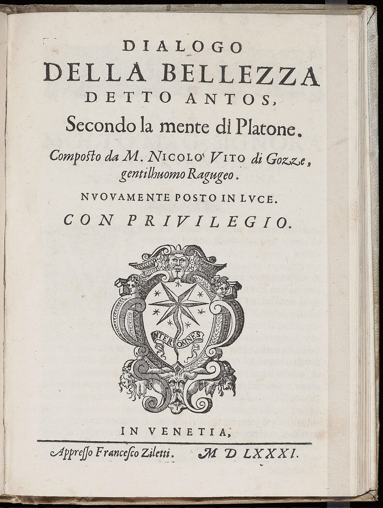 This title page showcases the Ziletti printer’s device, a comet and seven stars with their motto “inter omnes” (“among all”). Here Francesco Ziletti uses the device of his uncle, Giordano Ziletti, but with his own spin -- most noticeably, the inclusion of two upside-down topless women who were not present in Giordano's works.