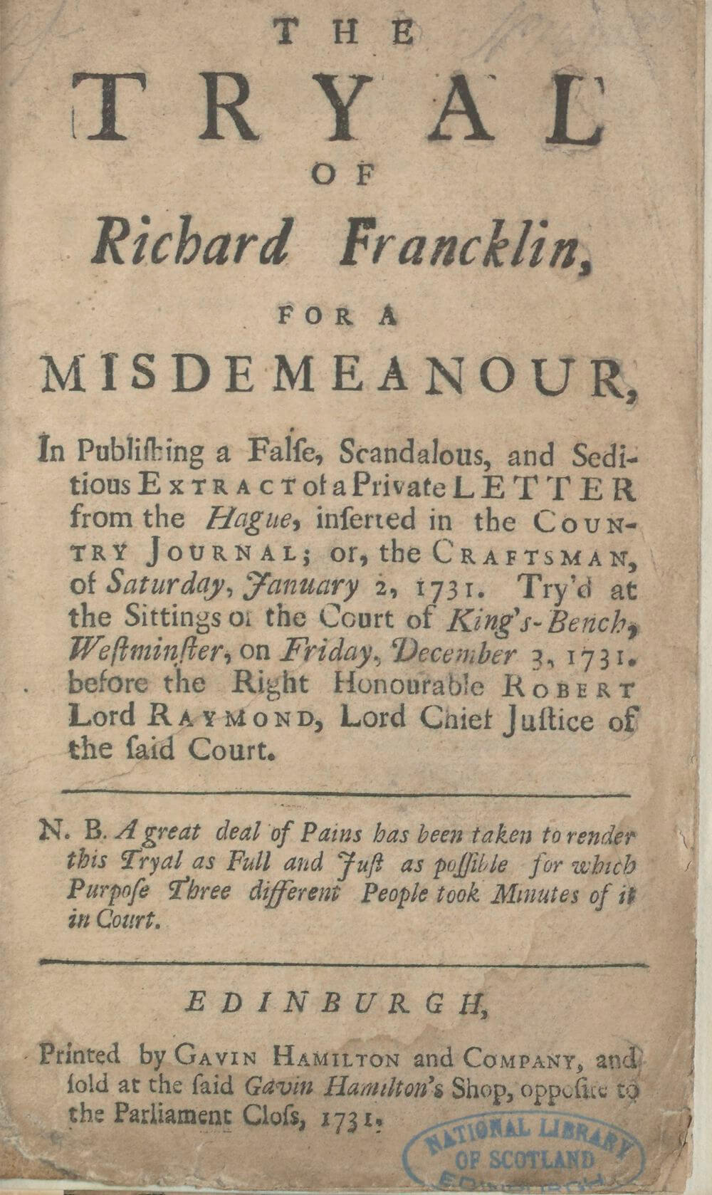 The 1731 imprint date suggests that the publication of this chapbook followed almost immediately after the conclusion of the December 3, 1731 trial. Chapbooks like these---small unbound pamphlets---were a prime source of news as well as entertainment.