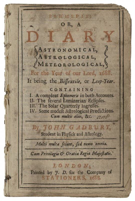 This ephemeris---a calendar of astronomical positions---for the year 1688 uses red ink on the title page to highlight the key words advertising this work.