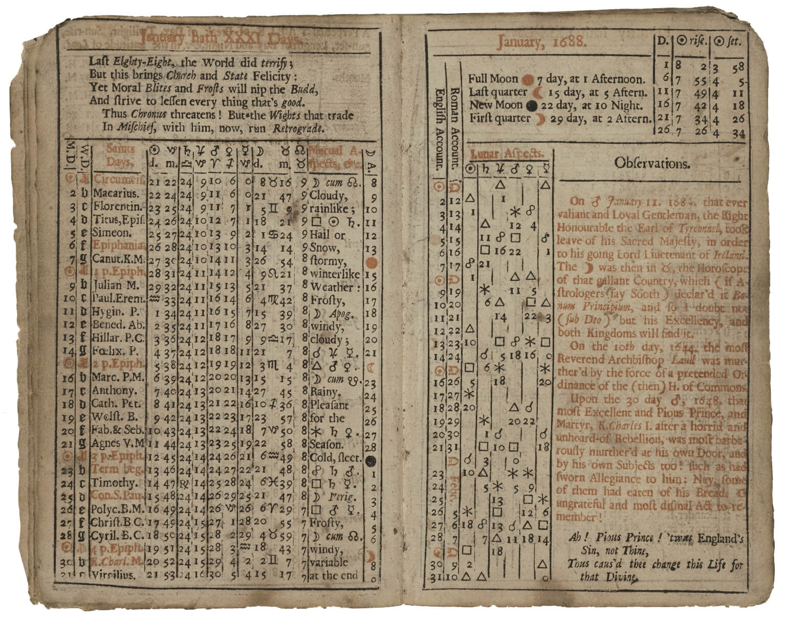 Although many printed almanacs left space for users to add in their own notes, Gadbury here adds in a block of red text labeled "observations" a brief account of recent historical events.