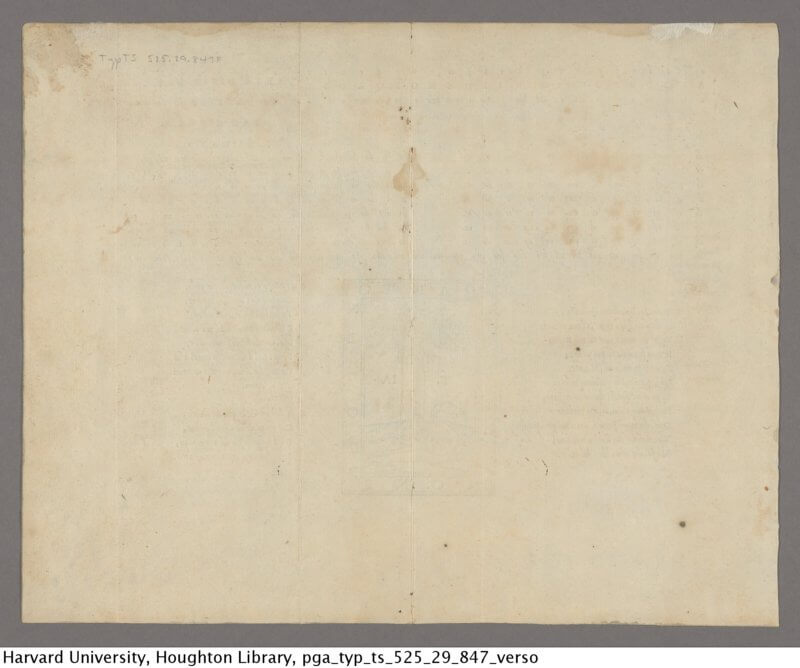 There is very little bleed-through apparent on this blank verso, although it's hard to tell if it is due to how this broadsheet was printed or how it was photographed.