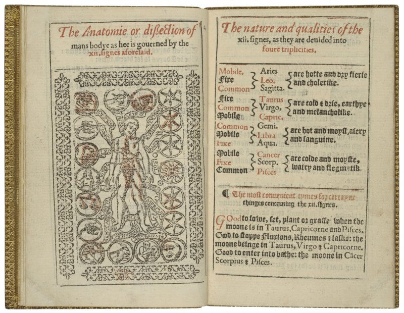 Almanacs often included charts of the human body and indications of which astrological signs ruled which parts. This opening also includes information about propitious times of the year for things not only having to do with the body (bathing, stopping colds) but with planting.