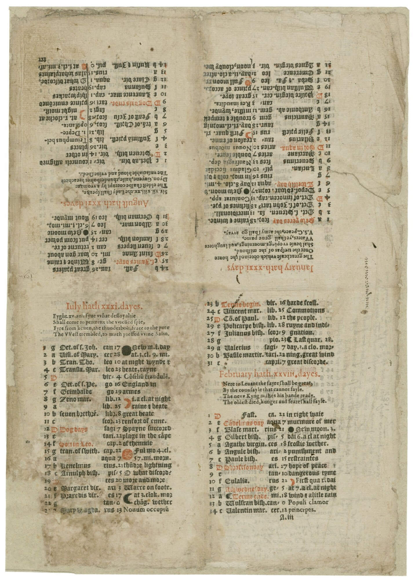 Unlike later almanacs, this continues one month on after another, rather than giving each month its own page or opening. If you look at the top right page, you'll see the start of January, which continues onto the bottom right page.