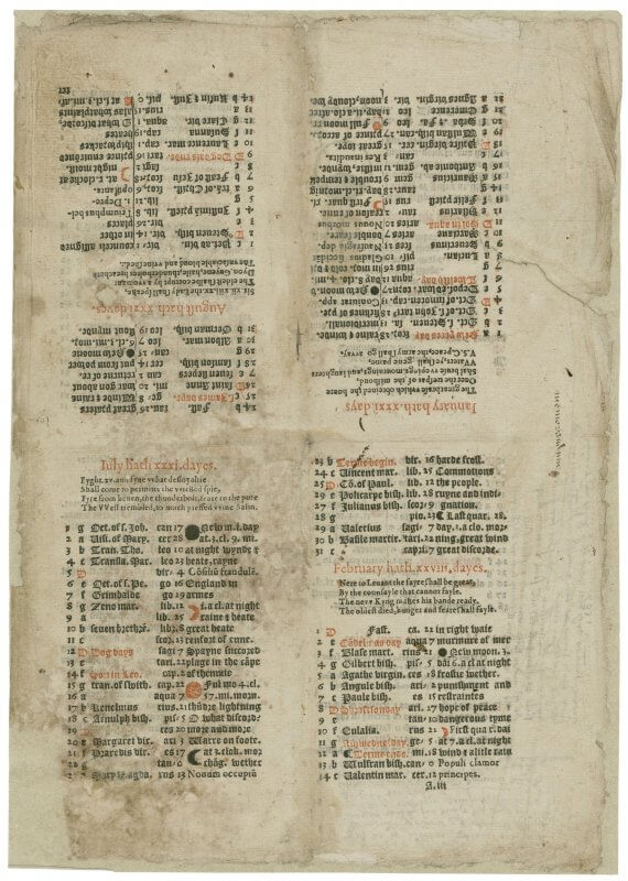 Unlike later almanacs, this continues one month on after another, rather than giving each month its own page or opening. If you look at the top right page, you'll see the start of January, which continues onto the bottom right page.