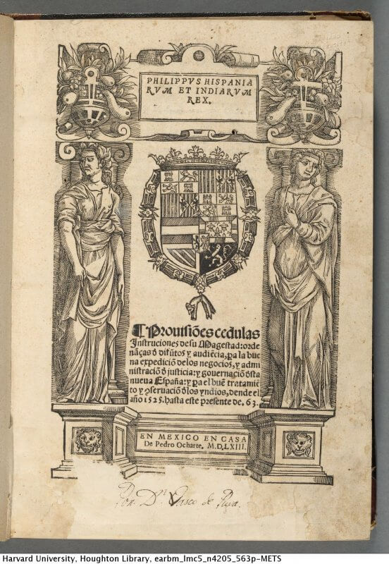 The title of this collection of Spanish colonial laws is surrounded by four separate woodcuts used as borders, as well as a cut of the Spanish coat of arms.