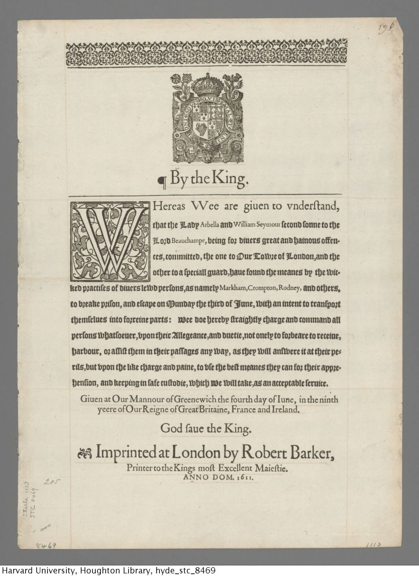 This broadside uses gothic type (or black letter as the English often called it) for the main text of its announcement, as is typical for official English documents, with roman type setting off the names of the escapees.