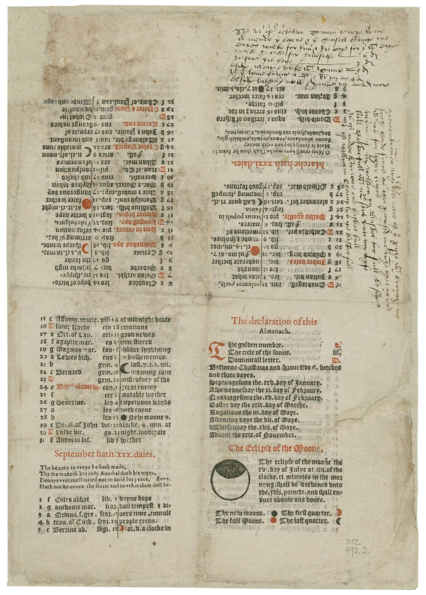 One of the benefits of looking at this unopened sheet is seeing how the use of red ink calls attention to specific dates and moon phases as well as serving to differentiate sections of the text. Our use now of the phrase "red-letter day" comes from the practice of using red ink to indicate festivals, a practice that originated in manuscripts.