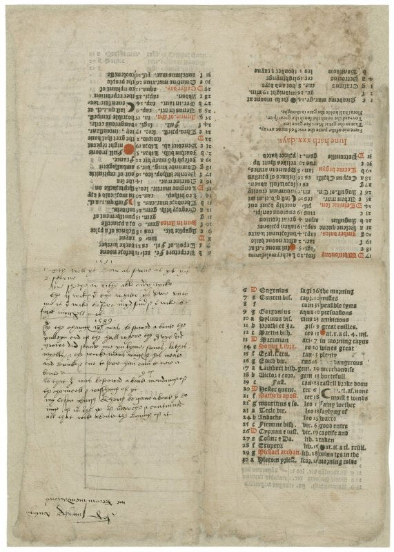 Although this almanac is for the year 1562, a user has added notes for a number of later years, including 1581 and 1589, as see here on the blank verso of the title page.
