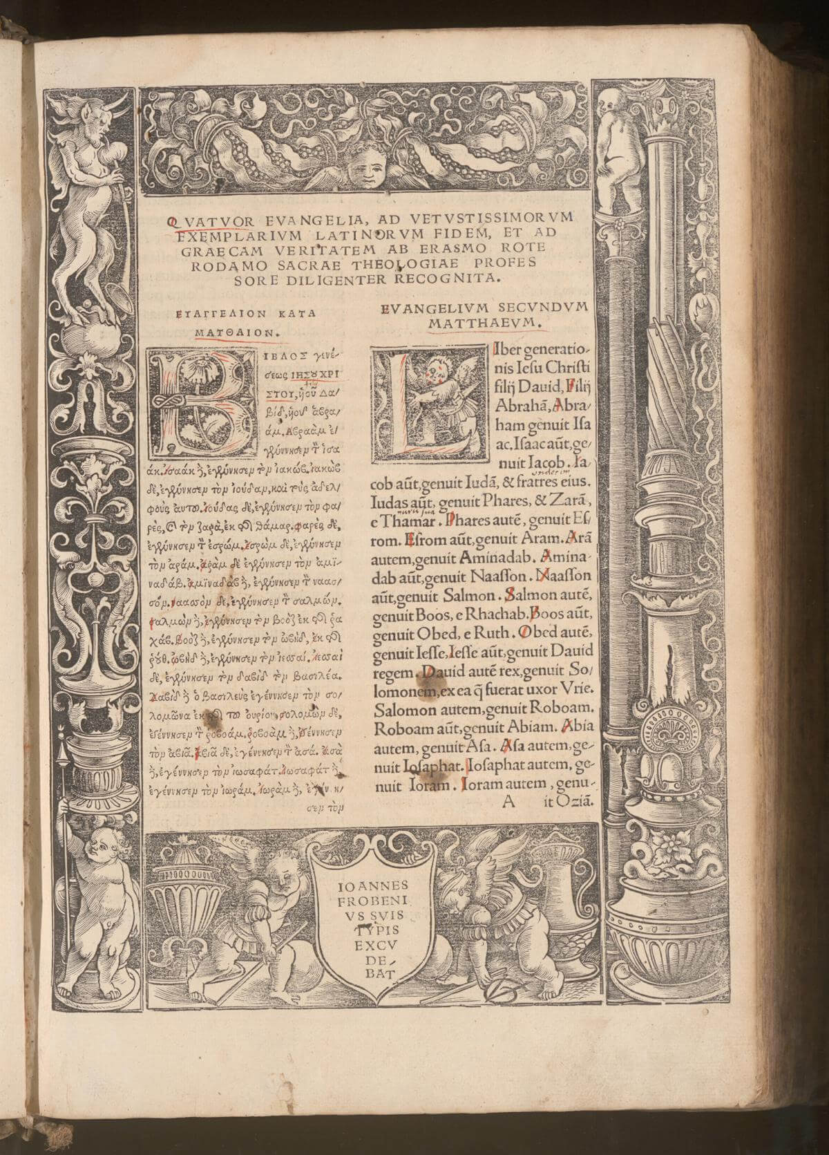 Erasmus's translation of the Bible from Greek into Latin is appropriately presented in two parallel columns. Here, the initial page of his New Testament is set off with woodcut borders; the following pages are plain columns of text.