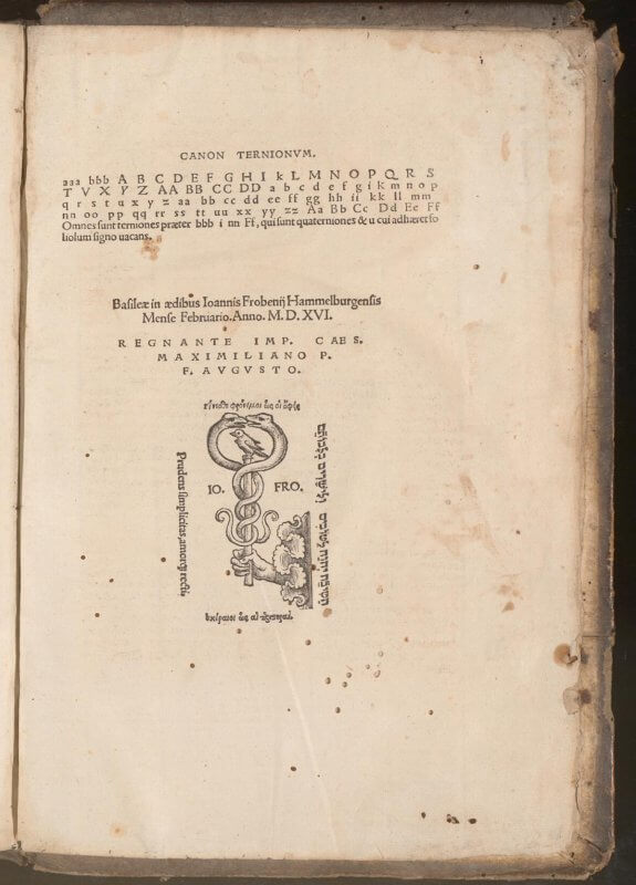 The last leaf of this work includes a colophon and printer's device as well as a register for the order of the book's gatherings. You can see that the preliminaries were printed after the rest of the work by how they're signed (aaa, bbb); you can also note that there are two series of double letters and that AA is not the same as Aa.