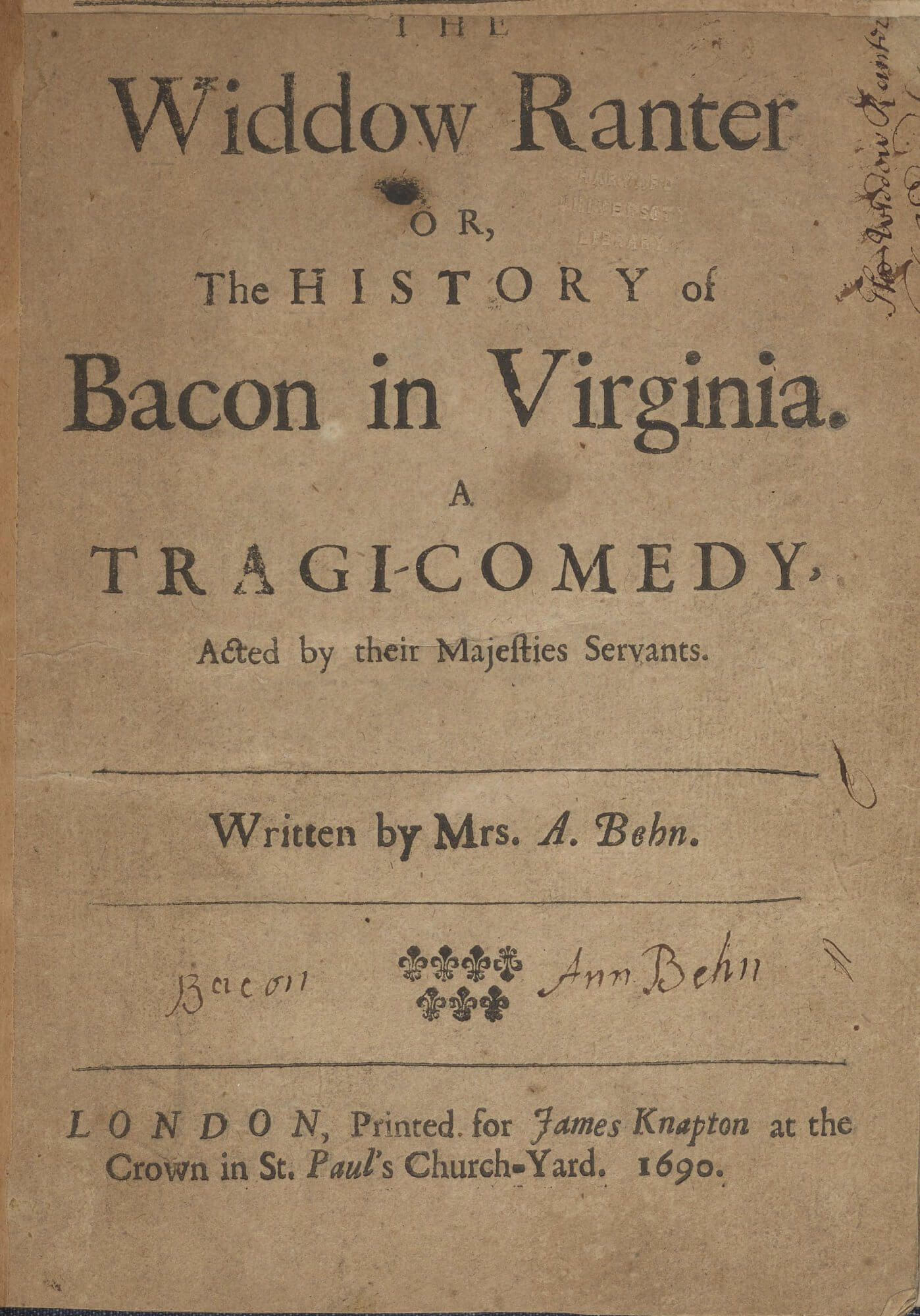 In a style more typical of the late 17th century than earlier playbooks, this title page provides only a relatively short title and the barest of acting company and authorial information along with the imprint.