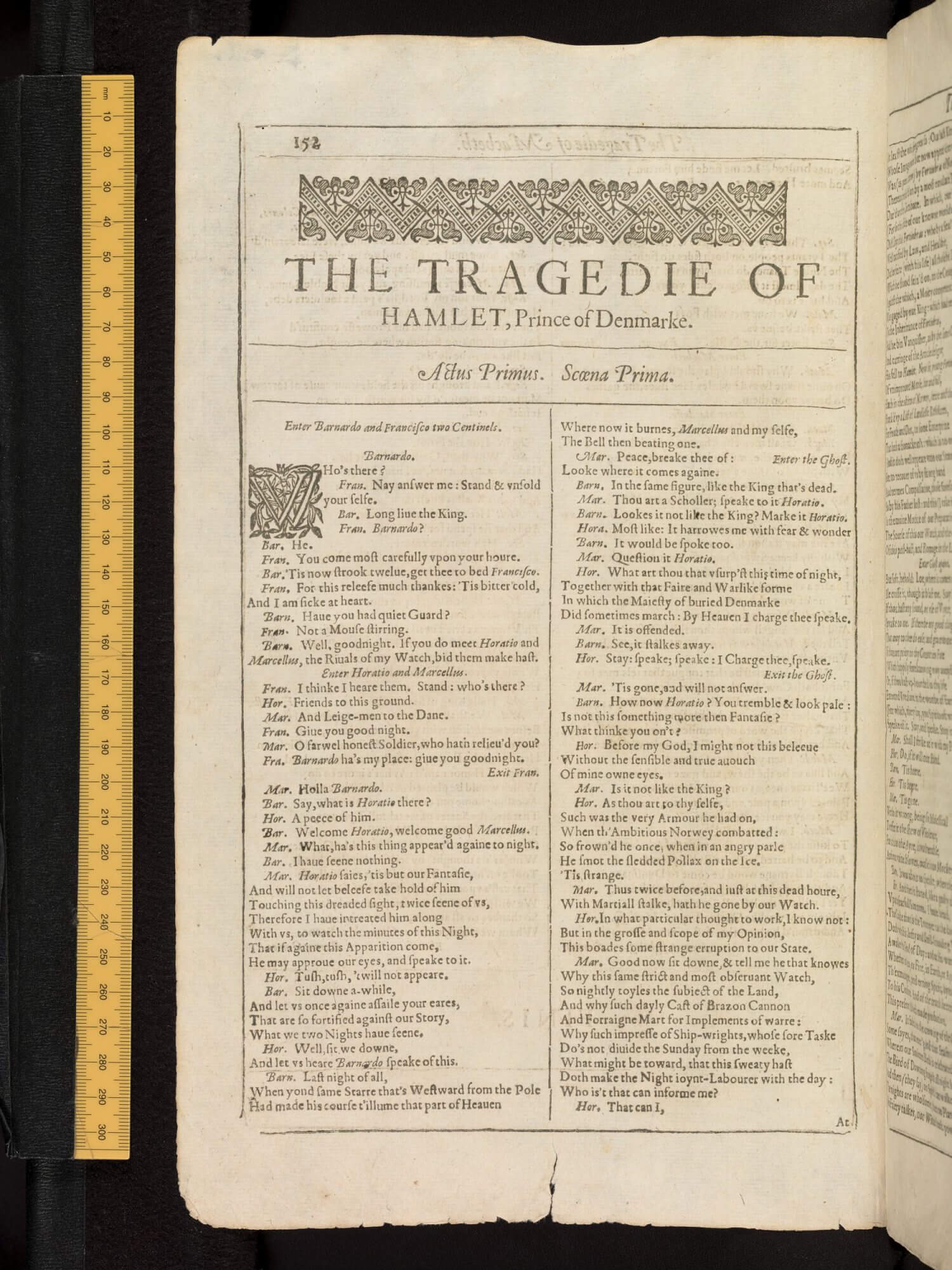The opening of Hamlet in Shakespeare’s First Folio; like the rest of the plays in this book, the start of the play is marked off with a headpiece and an initial letter.