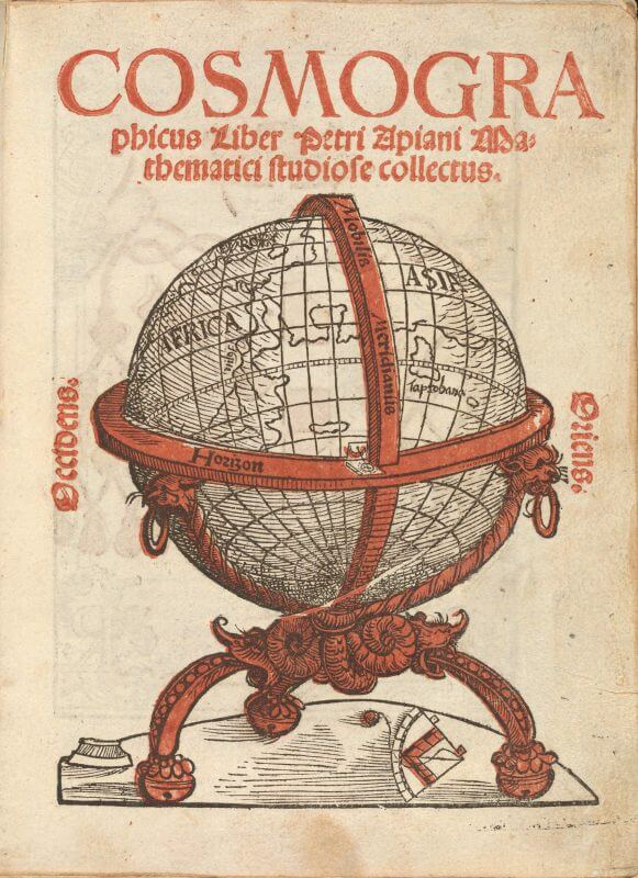 This title page for the first edition of Peter Apian's Cosmographicus has been printed in both black and red ink.