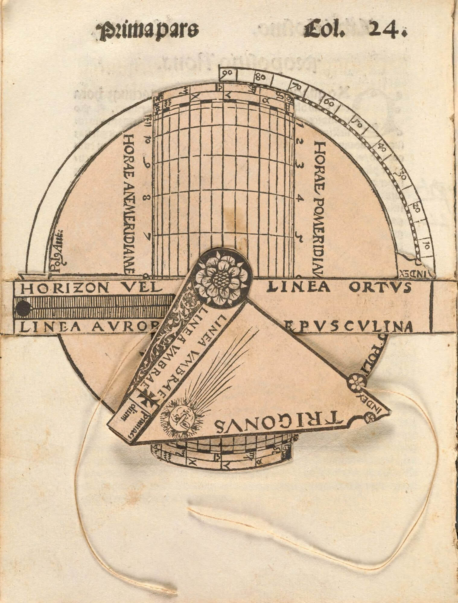 With this 4-part movable diagram from Apian’s Cosmographicus, the user can practice a series of complicated calculations, including latitude, the times of sunrise and sunset, the duration of dawn and dusk, and the height of the sun.