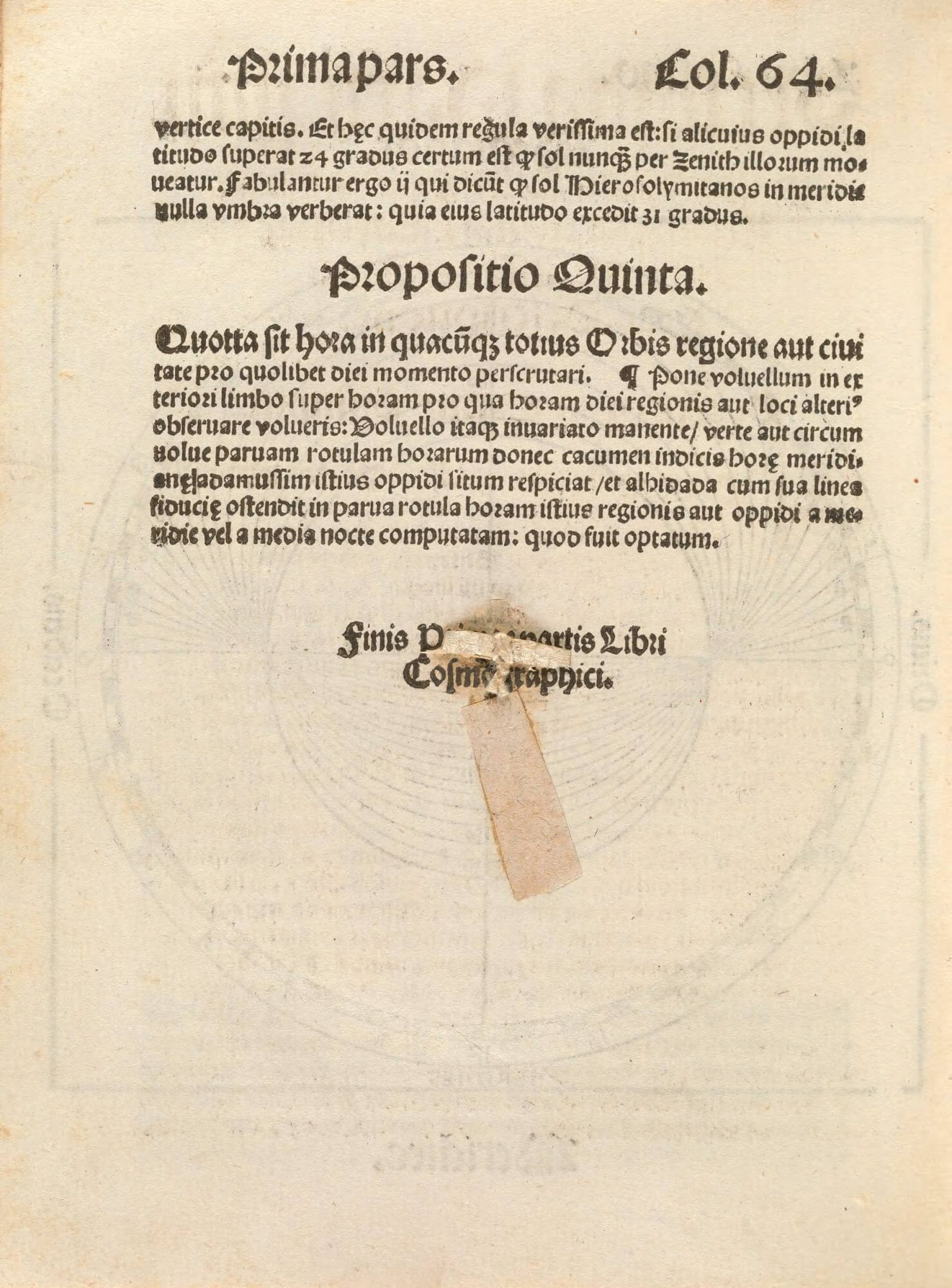 In this middle of this page, and obscuring some text, is the string and paper securing the discs of the volvelle on the other side of this leaf.