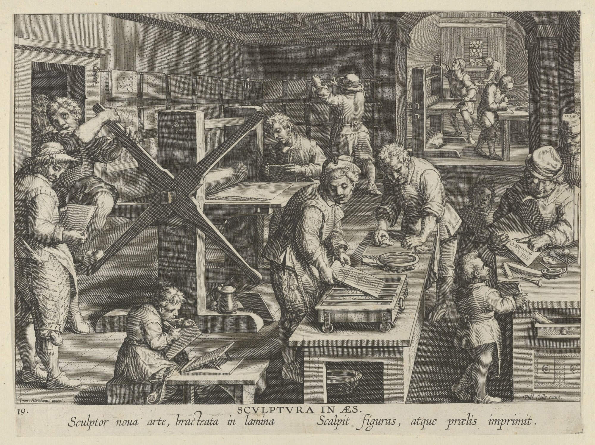 In this depiction of copper engraving, you can see the full range of activities involved in printing an engraving. In the background a sheet of copper is being flattened and prepared for engraving; in the lower right, boys are being taught how to use a burin to draw on a plate; in the middle men are inking and preparing a plate for printing; on the left, a man is turning the wheel of a rolling press to print a plate; and in the background, finished prints are being hung to dry.