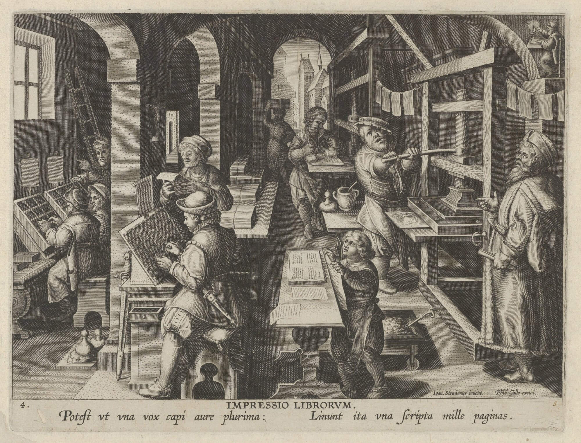 In this illustration from the series The Inventions of Modern Times, you can see the full range of activities associated with common-press printing, from delivering blank paper to proofreading printed sheets.