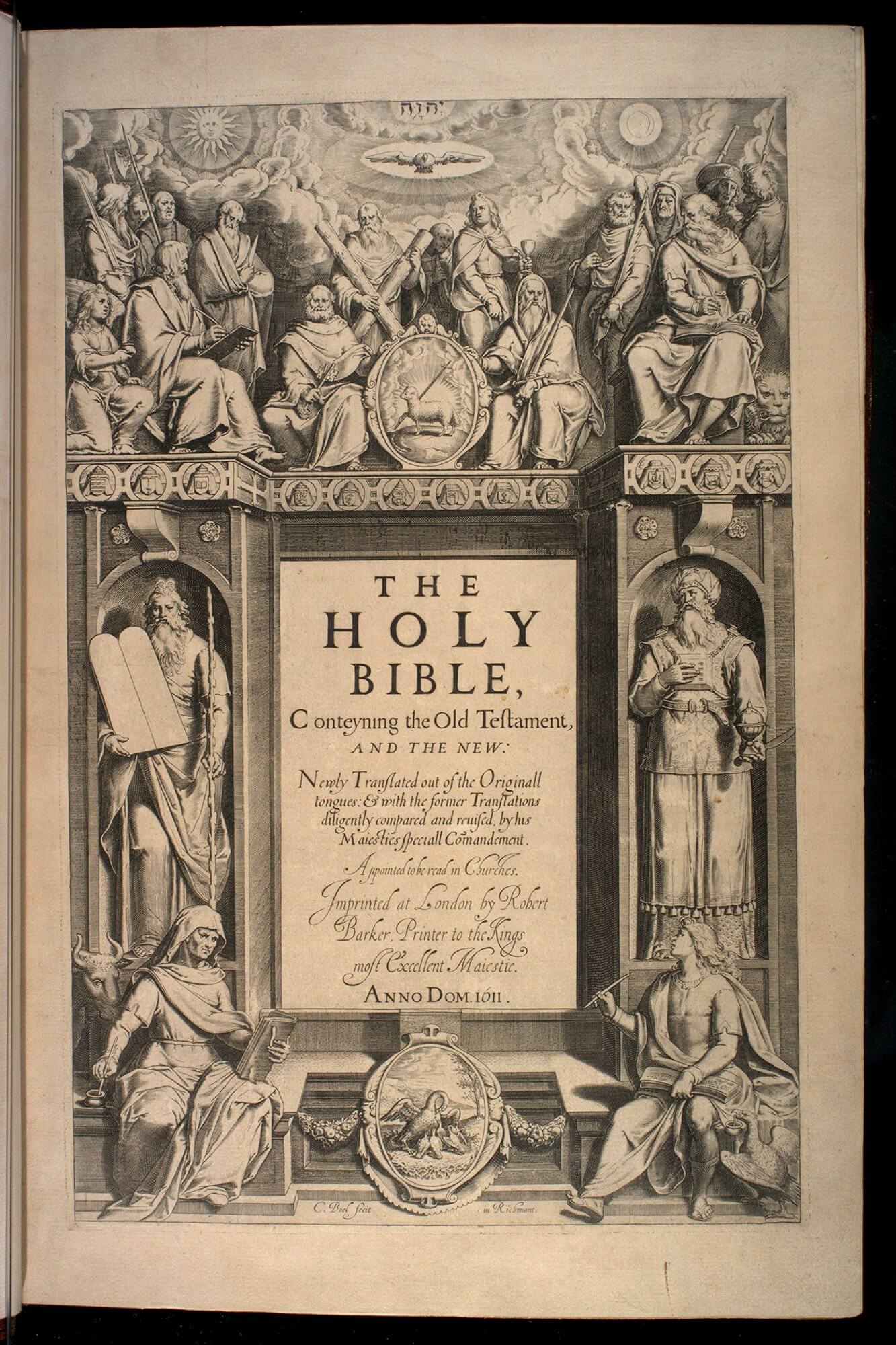 The title page for the Authorized version of the Bible is completely engraved, including the title and imprint information, by Cornelius Boel, whose name appears in the bottom left of the image. (This version is more commonly known as the King James Bible, since James authorized it to be translated and placed in all churches.)