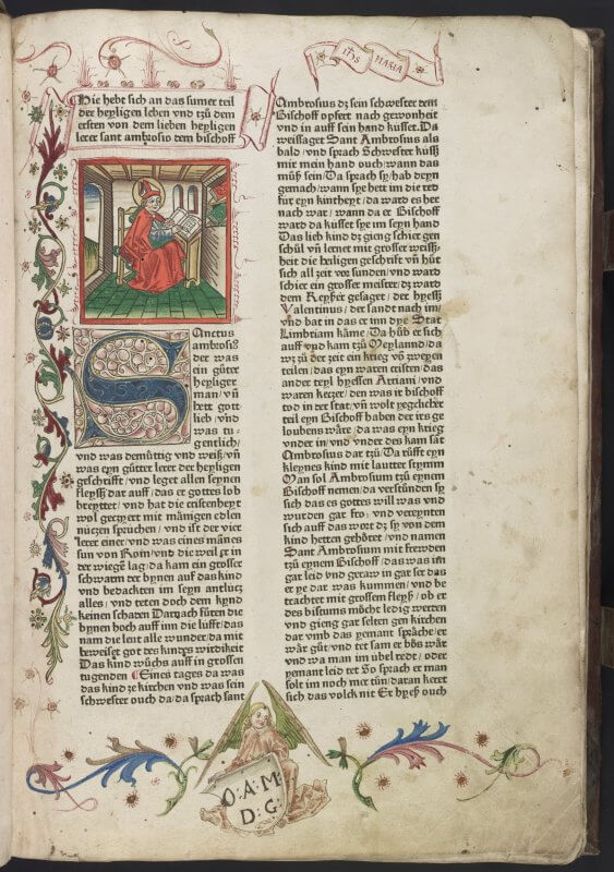 The text of this German edition of The Golden Legend of Saints starts off with an equivalent to "incipit": "Hie hebt sich an das Sumer Teil der Heyligen Leben..." ("Here begins the Summer Part of the Holy Lives..."). A hand-colored portrait of Jacobus writing his work follows.