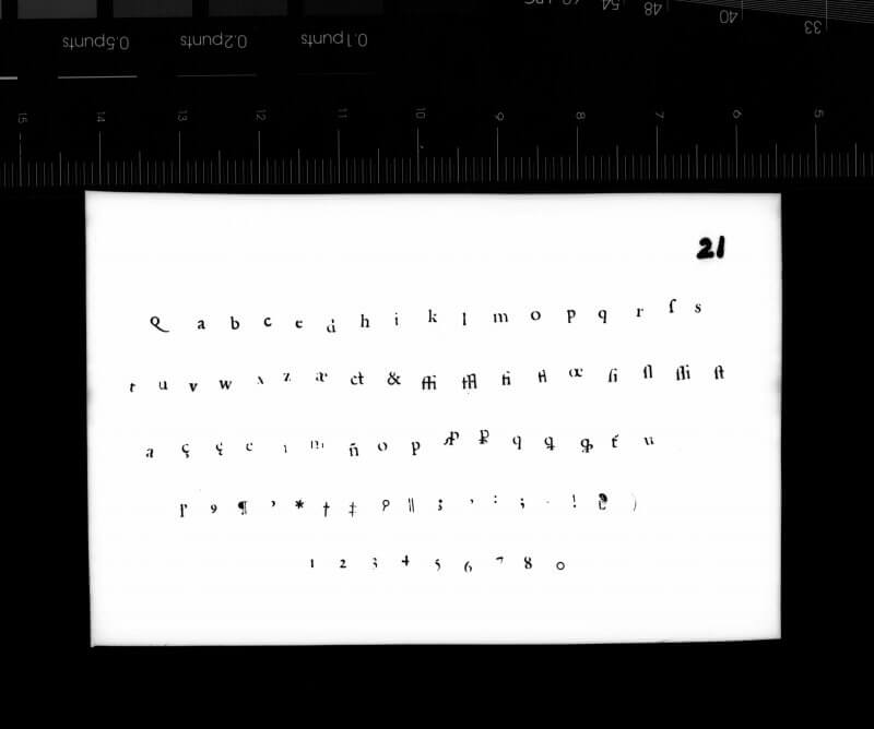 These stamps illustrate the forms of individual sorts of the typeface Coronelle Romaine, designed by Hendrik van den Keere in the early 1570s. You can see the matrices for casting these sorts here.