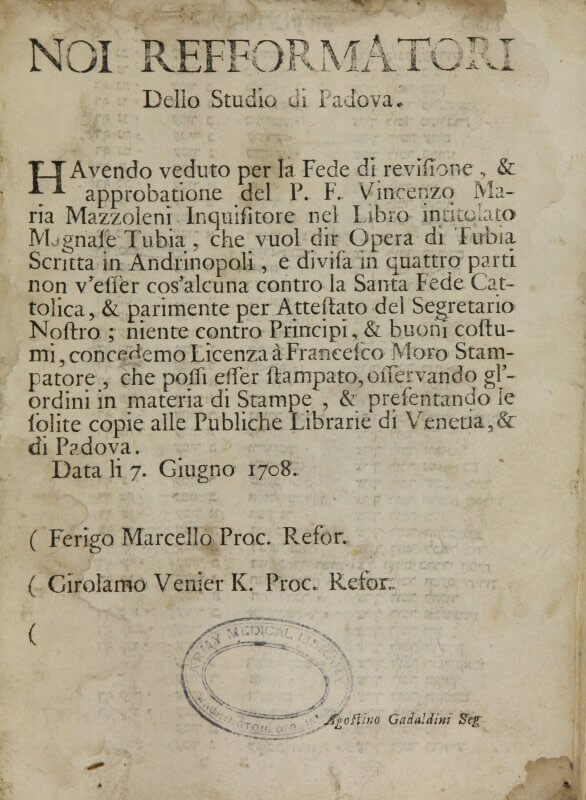 This imprimatur, the only page in Italian in this Hebrew encyclopedia, verifies that the book may legally be printed because the Inquisitors have found it to contain no anti-Catholic, anti-government, or immoral content.