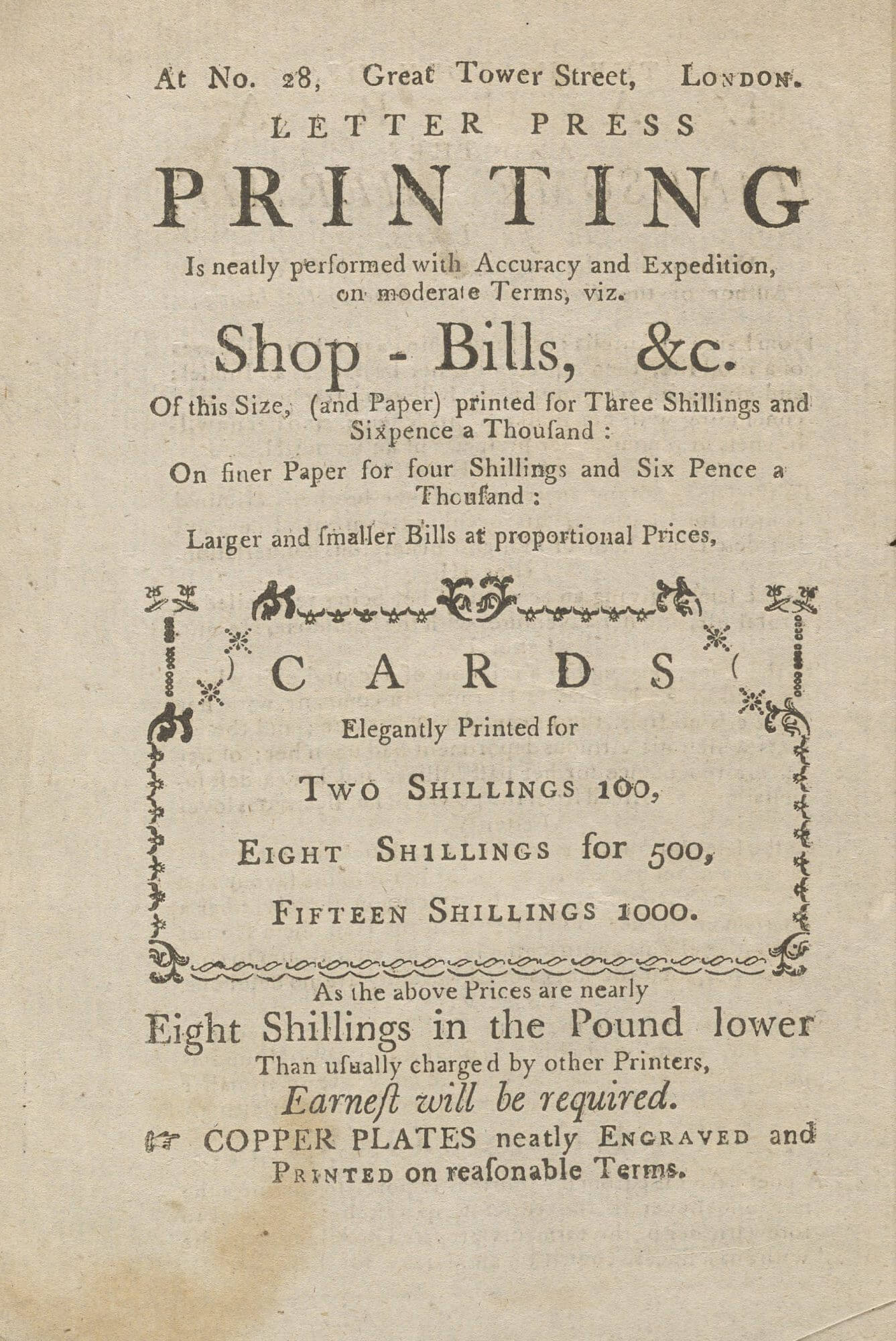 This ad selling letterpress printing to the public appears on the back of a title page; the book lacks an imprint statement, and the shop location given here allows researchers to suggest a time-frame for the book's publication.