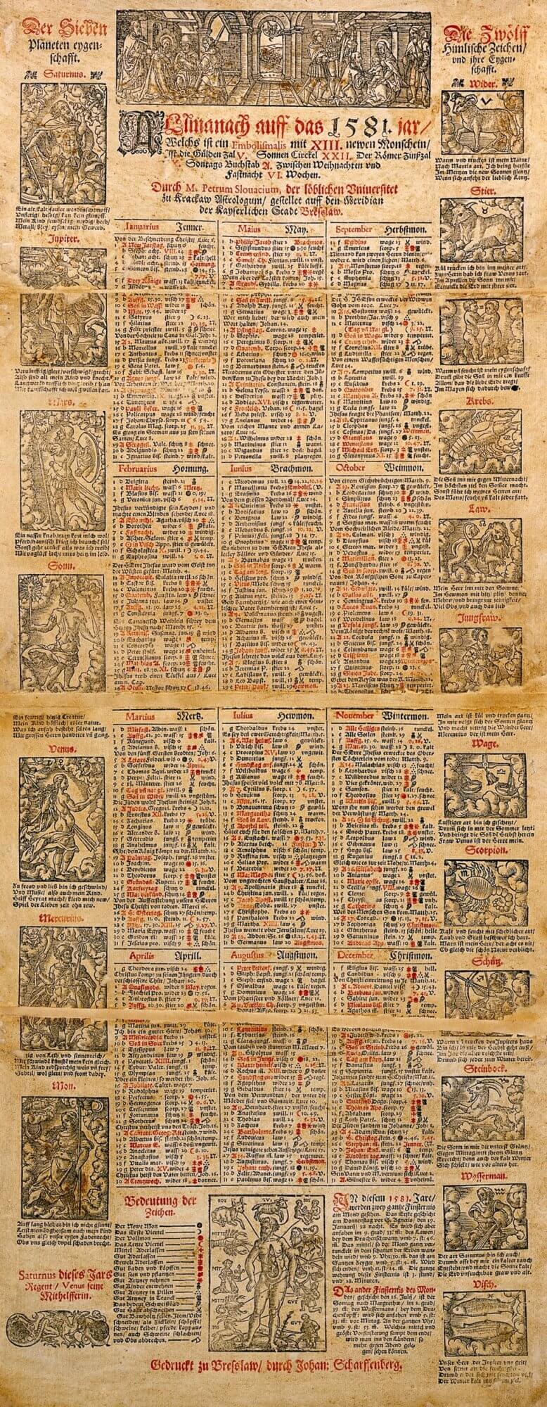 This almanac was printed as a single sheet; the damaged sections running across the sheet suggest that it was stored folded for a long period of time, probably helping ensure its survival.