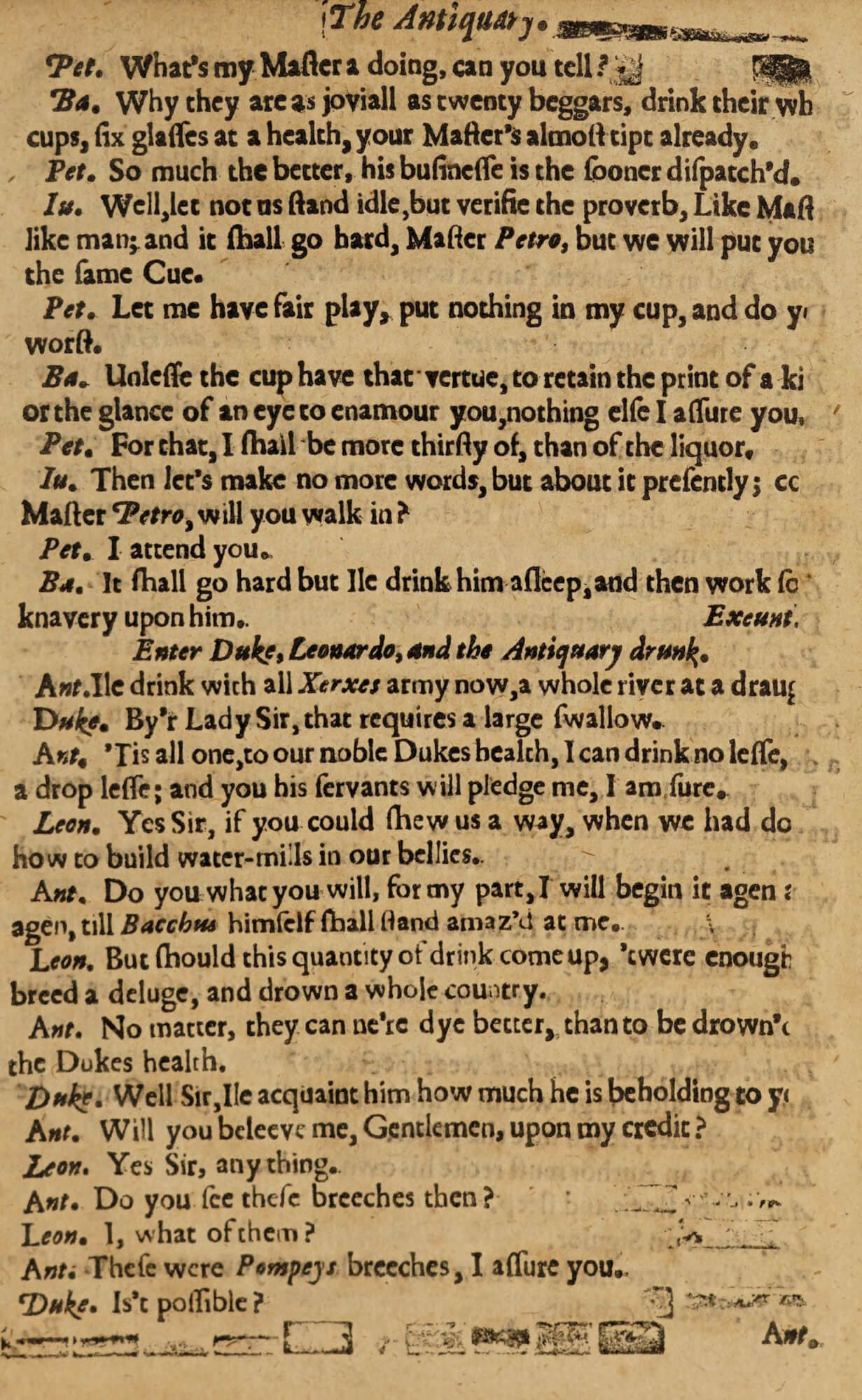 Blank areas on a page are usually filled with type or spaces that won't print---without those extra pieces, the platen of the press will tilt unevenly as it's pushing down on the forme. On this copy, the quads used to fill the blank areas were accidentally inked and printed.