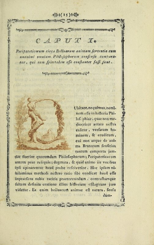 The opening of each chapter in this book features intaglio initial letters, the colors of which vary from copy to copy. In this copy from the Smithsonian, an ochre ink is used, but in the Getty's copy, the initial letter is printed in blue.