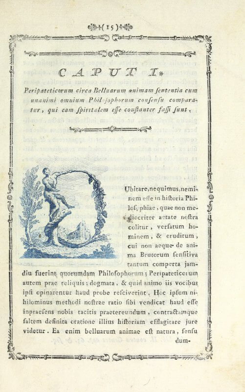 The opening of each chapter in this book features intaglio initial letters, the colors of which vary from copy to copy. In this copy from the Getty, a blue ink is used, but in the Smithsonian's copy, the initial letter is printed in sienna. (The plates facing this page also differ in the two copies; search "Soldini" to compare.)