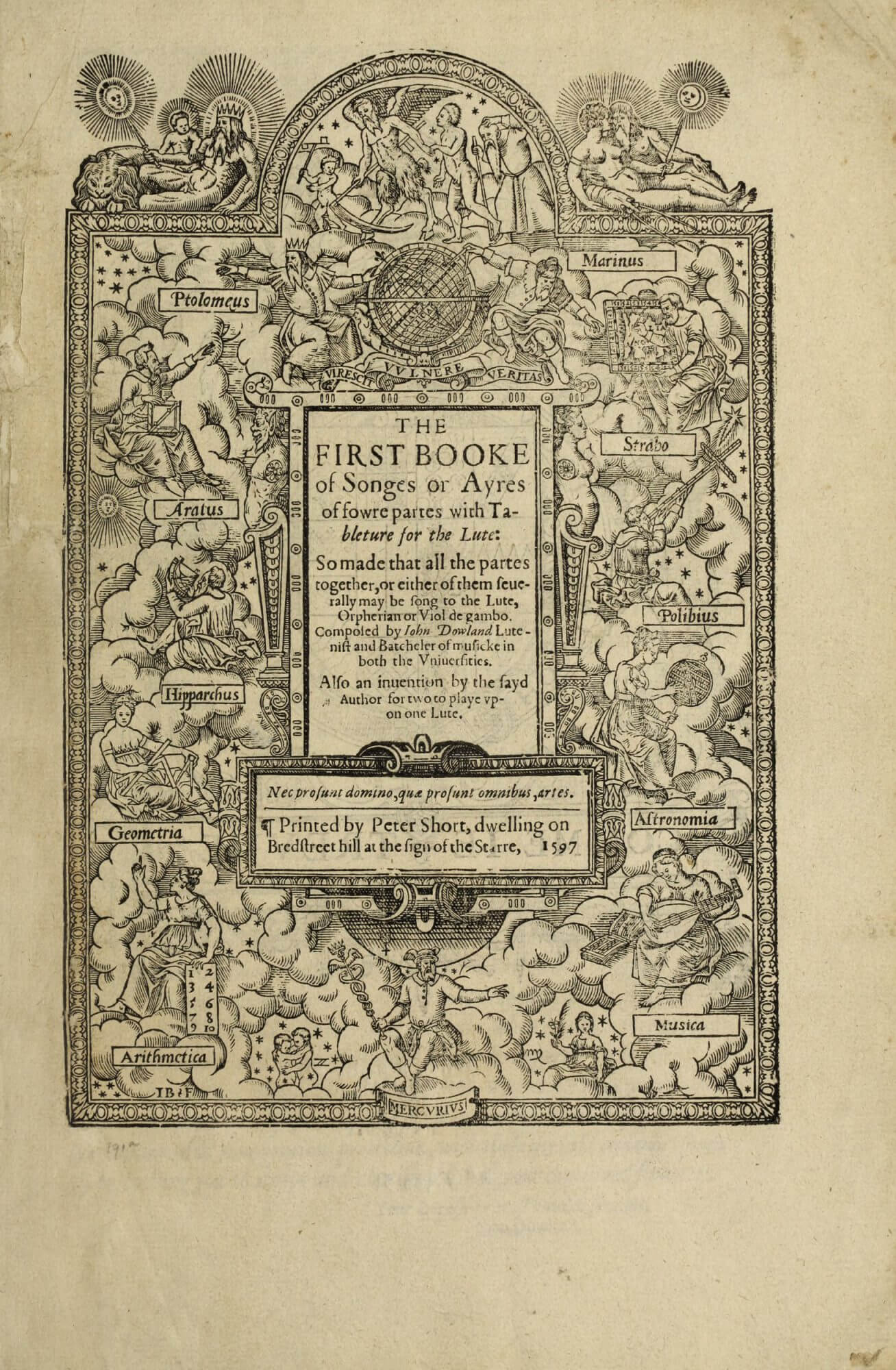 A woodcut title page for John Dowland's collection of songs.