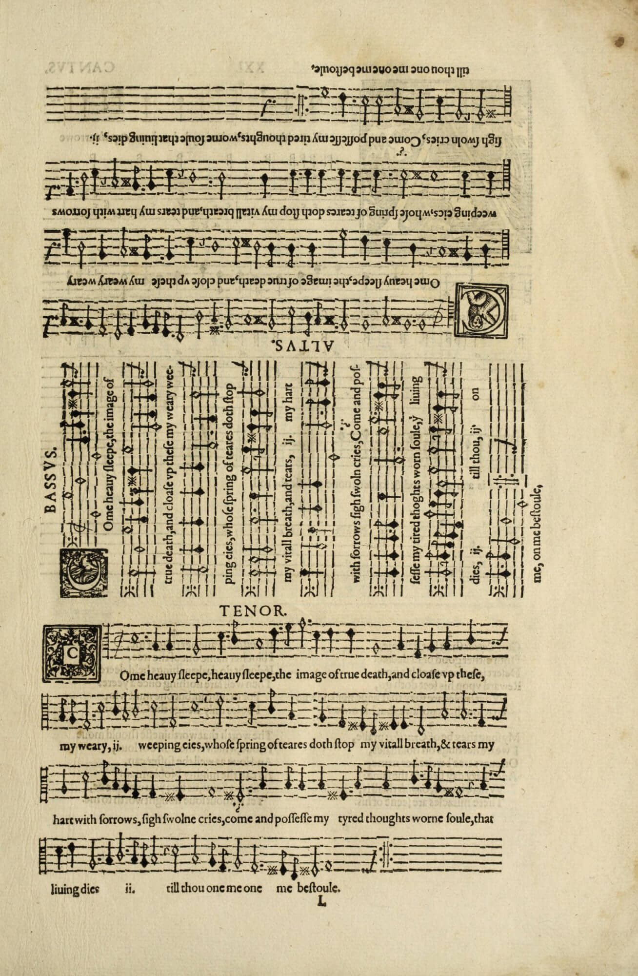 This page of music was printed so that four musicians could stand around a table sharing the book. The music itself was printed from tiny pieces of metal type, each with the 5 bars of the staff and a note; lined up in a series, the pieces of type formed a series of musical notes.