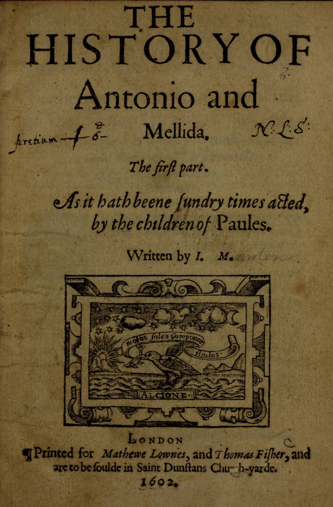 Thomas Fisher's printer's device, shown on this playbook title page, puns on his name by featuring a kingfisher bird.