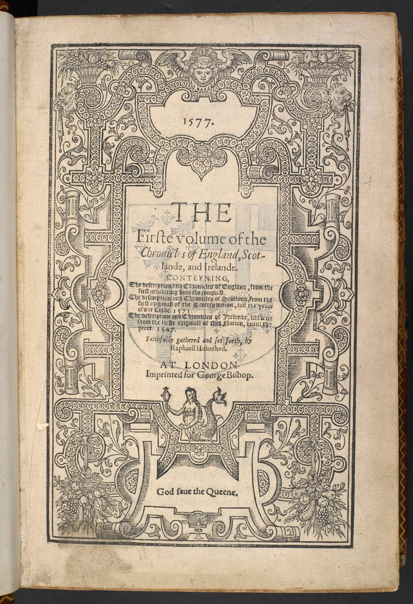 In some cases, when a group of publishers together paid for a work to be printed, the work would be printed with different states of the title page, each publisher being named separately. Here, although a group of men collaborated to pay for the publication of Holinshed's Chronicles, this state of the title page lists only Lucas Harrison as the publisher (compare to this copy of the work).