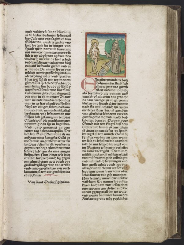 The start of the life of Saint Mary of Egypt is marked off by a hand-colored woodcut illustrating her life. Like other books from the earliest years of printing, this does not use many of the printed features that become standard, including headlines, paragraph breaks, signature marks, or catchwords.