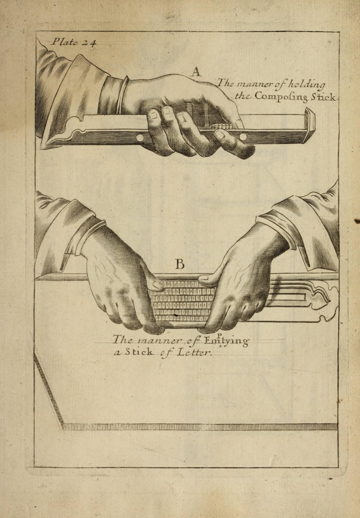 This entire page is made by engraving lines into a copper plate. When the engraver noticed that a letter had accidentally been dropped from "Emptying" in the caption, he used a caret to insert the "p" in its proper place.