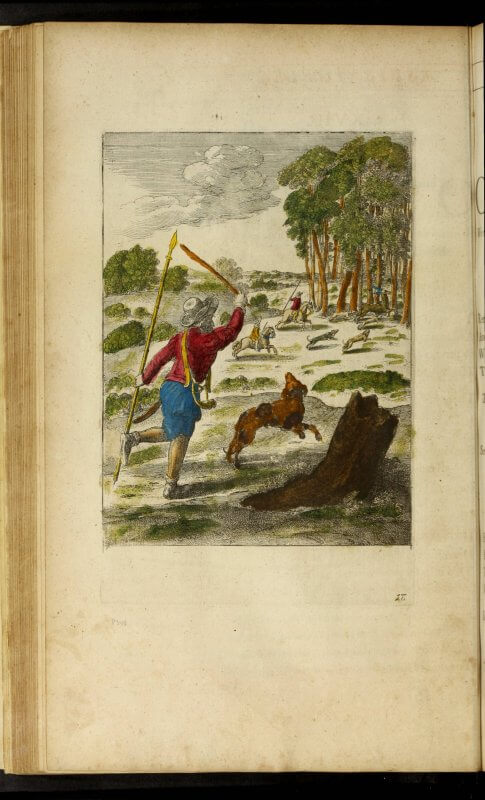 Some previous owner has colored in the illustration corresponding to the fable of the Hound and his Master. Perhaps this story was a favorite––no other print in the book was treated to full color.