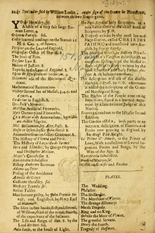 On this verso of a title page, the publisher has included a list of his publications for sale.