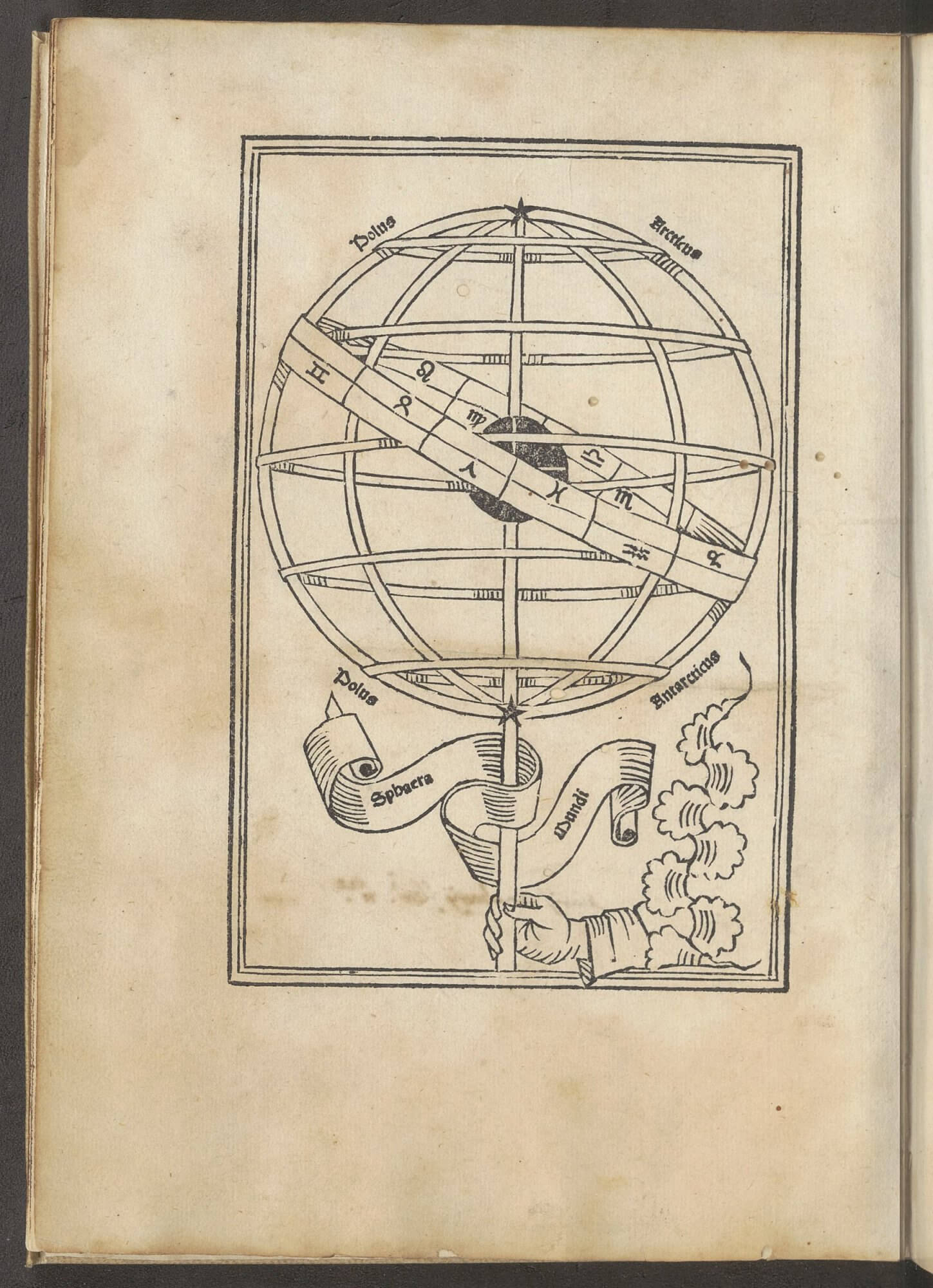 This woodcut---one of the standard ones accompanying Sacrobosco's astronomical textbook---is in this edition facing the beginning of the text and the incipit.