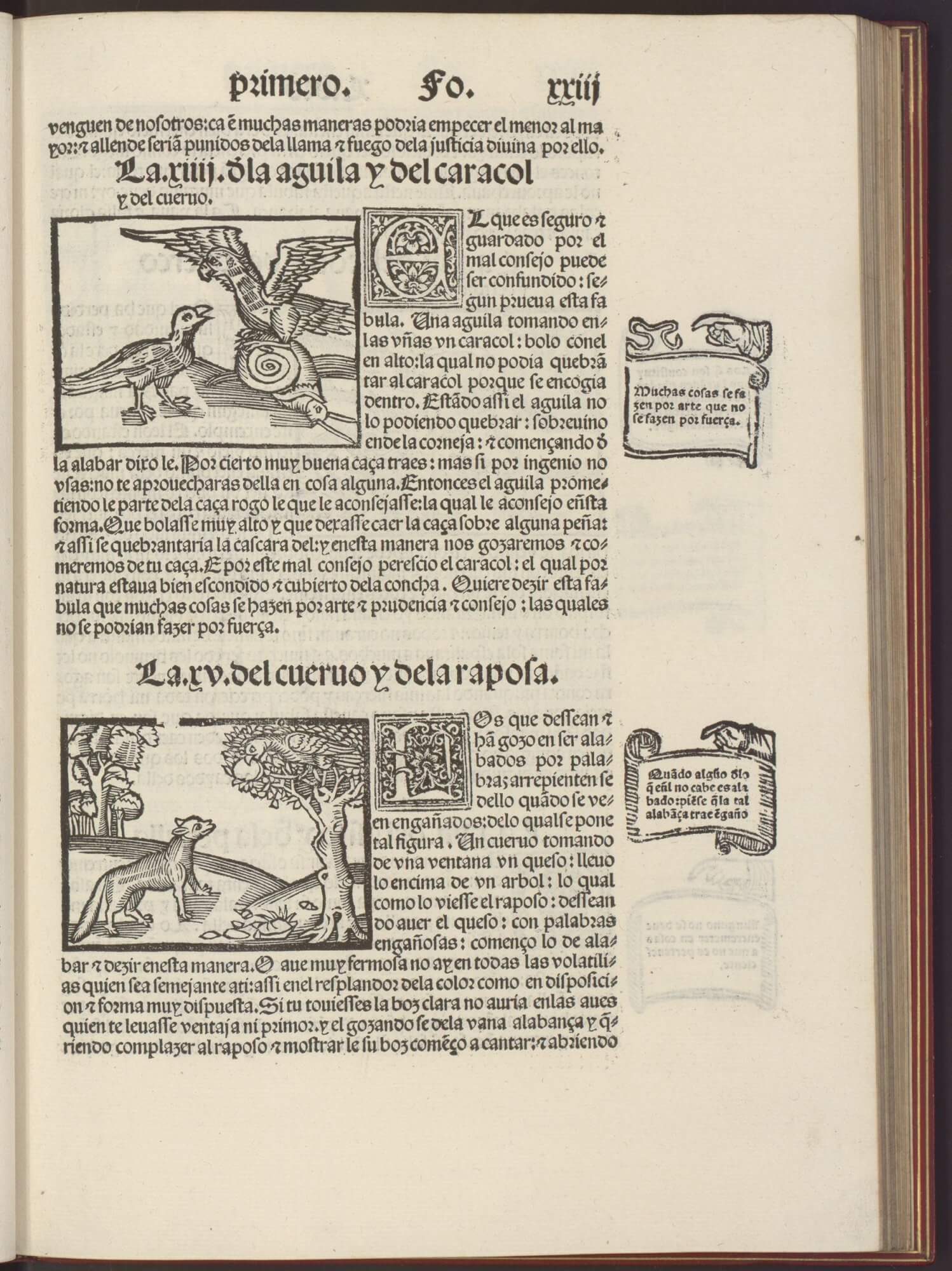 A unique feature of this text is how the morals are isolated in the margins next to their respective fables. The use of the manicules and banners serves to emphasize the lofty values they impart.