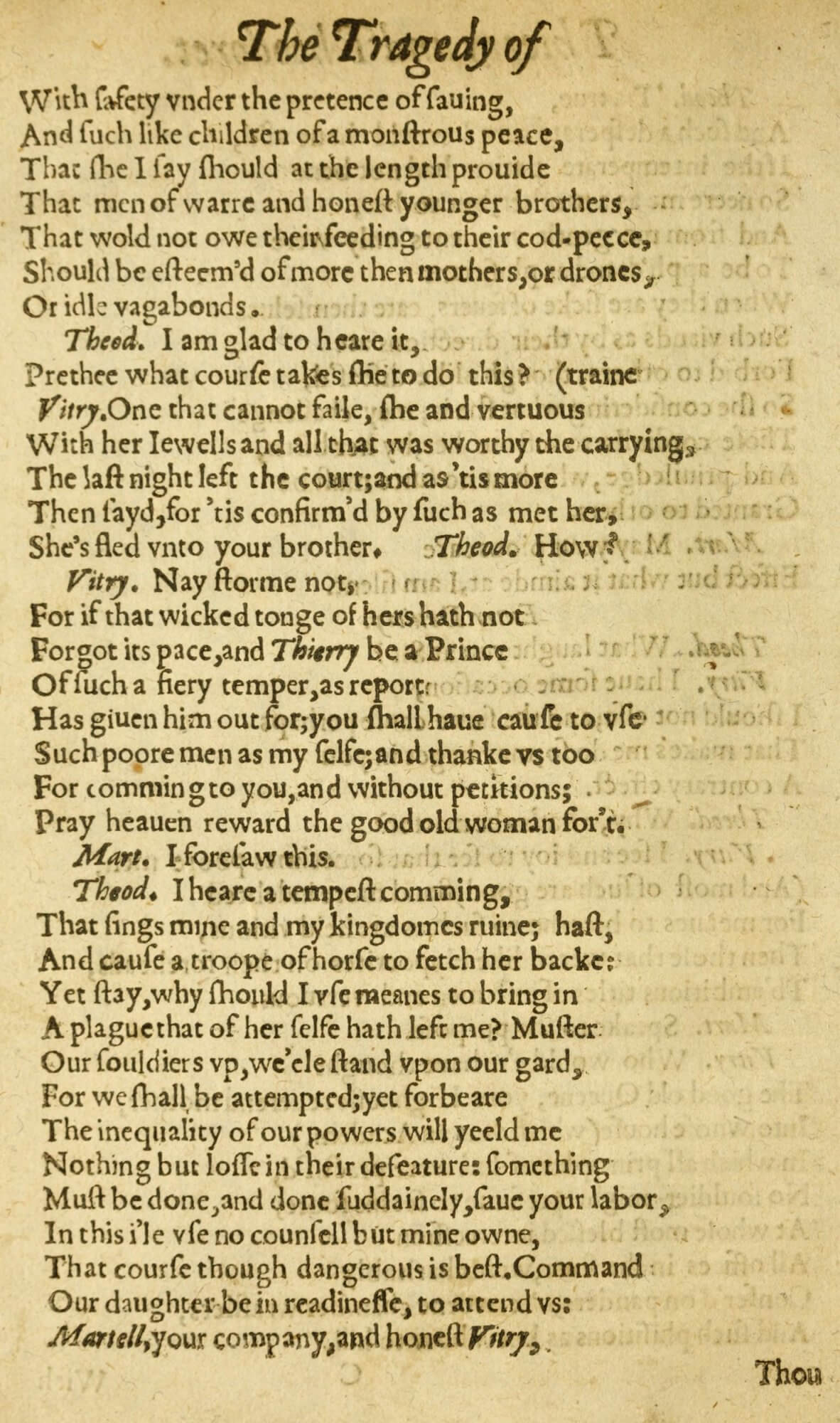 This page shows the corrected version with all of the proofreader's indicated changes on the proofsheet made. This copy of the play provides a useful comparison of this process since a former owner has, unusually, bound in the proofsheet immediately following this correctly printed page (reversing the leaf so that the two versos face each other).