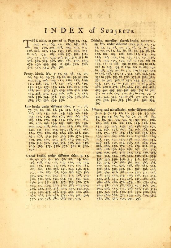 Ames's history of English printing includes an alphabetical index of printers and other persons, followed by this single-page index of subjects. To our eye, this is curiously arranged---why is it not alphabetical? Perhaps because this organization allows the blocks of numbers for each subject heading to remain intact instead of being split over columns.